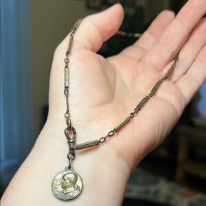 Vintage Antique Lustern Gold Filled Bar Link Dog Clip Watch Chain Religious Fob